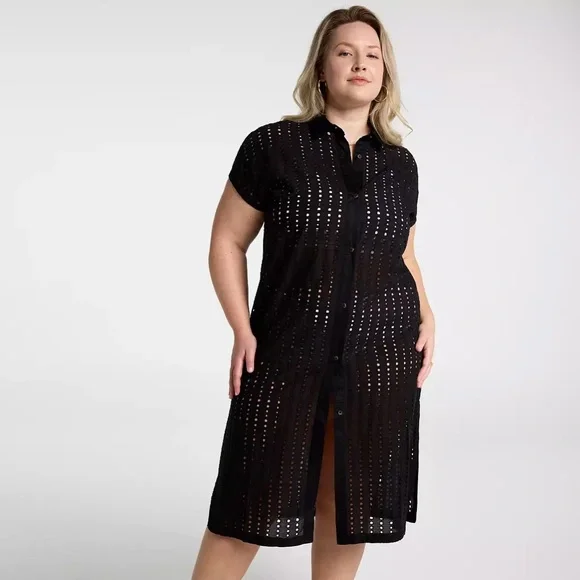 NWT CALIA Women's Extended Sleeve Button Down Swim Cover Up BLACK ya - Picture 9 of 9